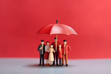 Family figurine under red umbrella, business concept Generative AI
