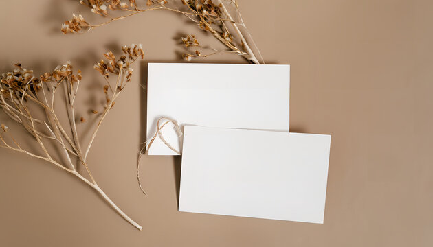 card with flower,  White isolated visit card template on natural beige background with dry flowers and twine. business cards mockup. creative occupation mock-up minimalistic concept, Ai Generate 