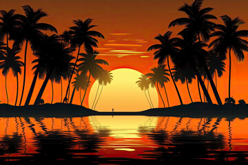 Fototapeta na wymiar The evening on the beach Summer orange sky and coconut tree shadow. vector.AI Generative