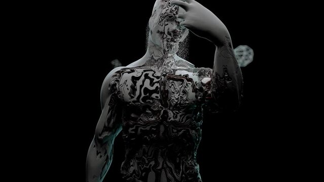 Depressive personality crumbles from the inside, 3D concept. The figure of a man on a black background takes his head and experiences erosion of the body