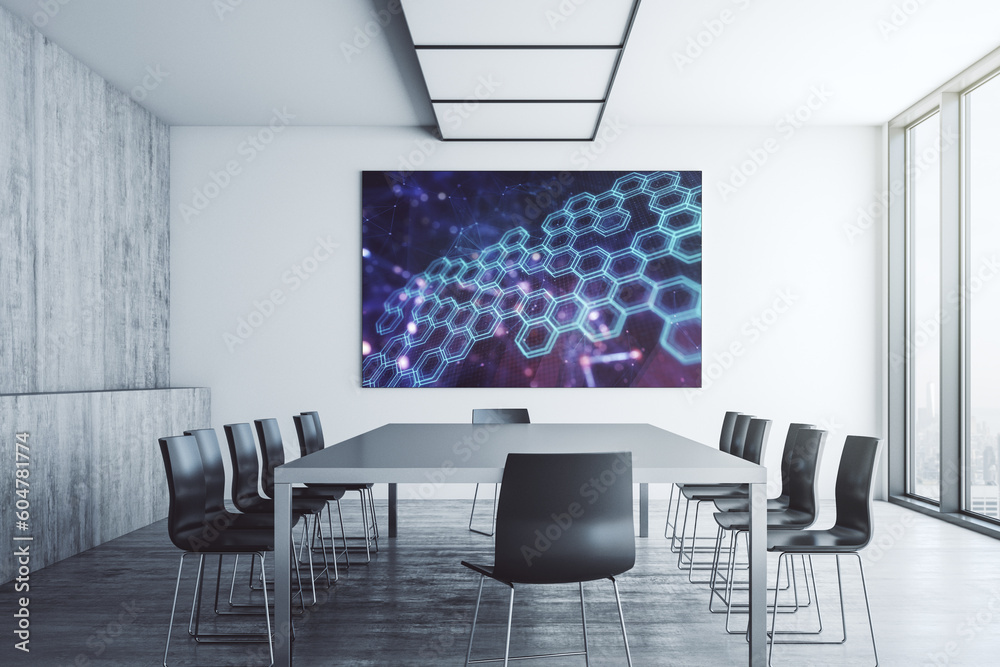 Poster creative abstract wireless technology hologram with hexagon on tv display in a modern presentation r