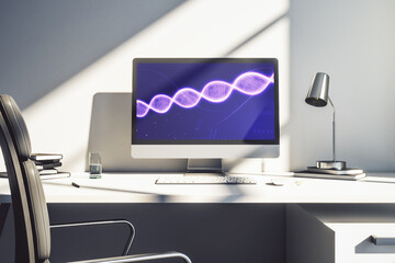 Creative concept with DNA symbol illustration on modern laptop screen. Genome research concept. 3D Rendering