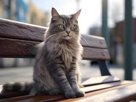 Cute siberian cat sitting on a bench in the garden. Persian cat relax on a wooden chair  in the city park. Generative AI photo