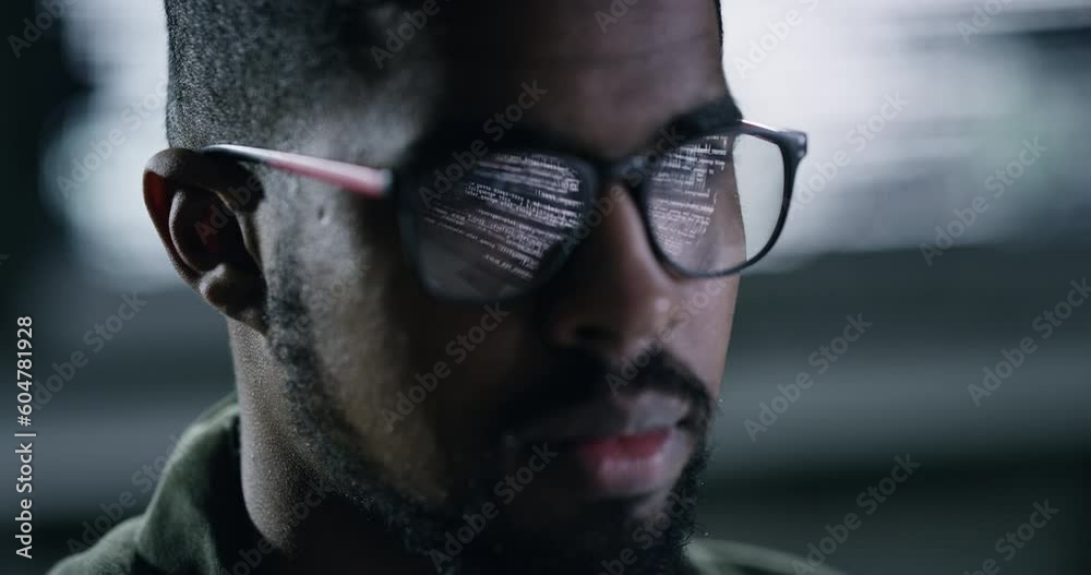 Sticker Face, glasses and code with a black man programmer working in a dark office for data processing. Focus, software development and programmer with a male coder reading computer language on a database