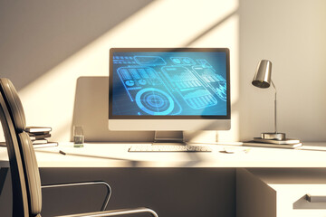 Modern computer display with abstract graphic data spreadsheet sketch, analytics and analysis concept. 3D Rendering