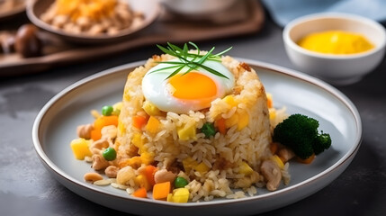 fried rice with half cooked fried egg generative ai