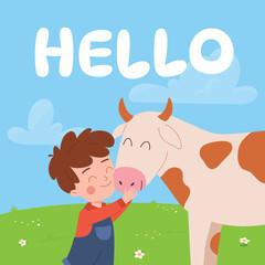 Banner with happy little boy hugging cow flat style, vector illustration