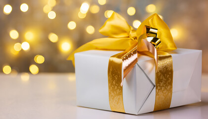 New Year Postcard, Gift box wrapped in white paper with golden ribbon bow on a soft background with...