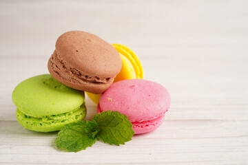 Macaron or french macaroon dessert, cake and cookies on the celebrated birthday.