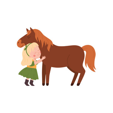 Girl petting a horse, flat cartoon vector illustration isolated on white.