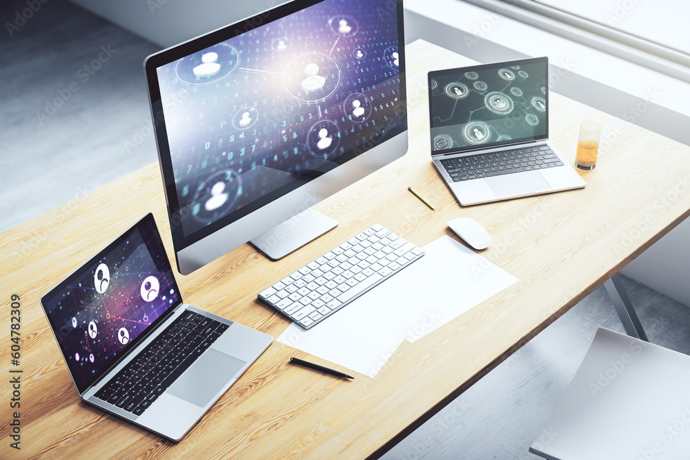 Poster Modern computer display with social network icons concept. Networking concept. 3D Rendering