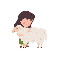 Little girl hugging a white sheep flat cartoon vector illustration isolated.