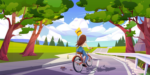 Young woman riding bicycle on mountain highway. Vector cartoon illustration of active girl enjoying summer day cycling under forest trees, heading for hills on horizon, blue sky. Healthy lifestyle