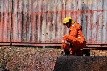 The firefighter assumes a kneeling position him eyes scanning the outdoor surroundings with a focused and attentive gaze.