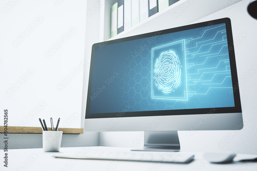 Aufkleber Modern computer screen with creative fingerprint hologram, personal biometric data concept. 3D Rendering