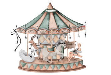 vintage carousel with animals. fabulous watercolor illustration. cute carousel for poster, banner, picture, postcard. © Татьяна Трущелева