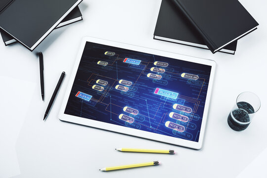 Modern digital tablet screen with abstract graphic coding sketch, big data and networking concept. Top view. 3D Rendering