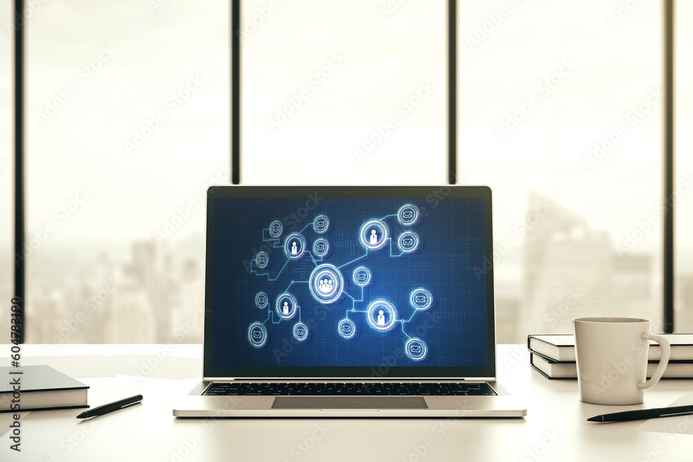 Poster Modern computer screen with social network media concept. 3D Rendering