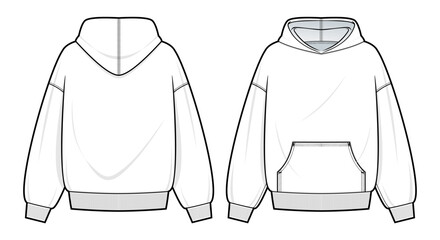 Hoodie technical fashion illustration. hoodie vector template illustration. front and back view. oversized. drop shoulder. unisex. white colour. CAD mockup.