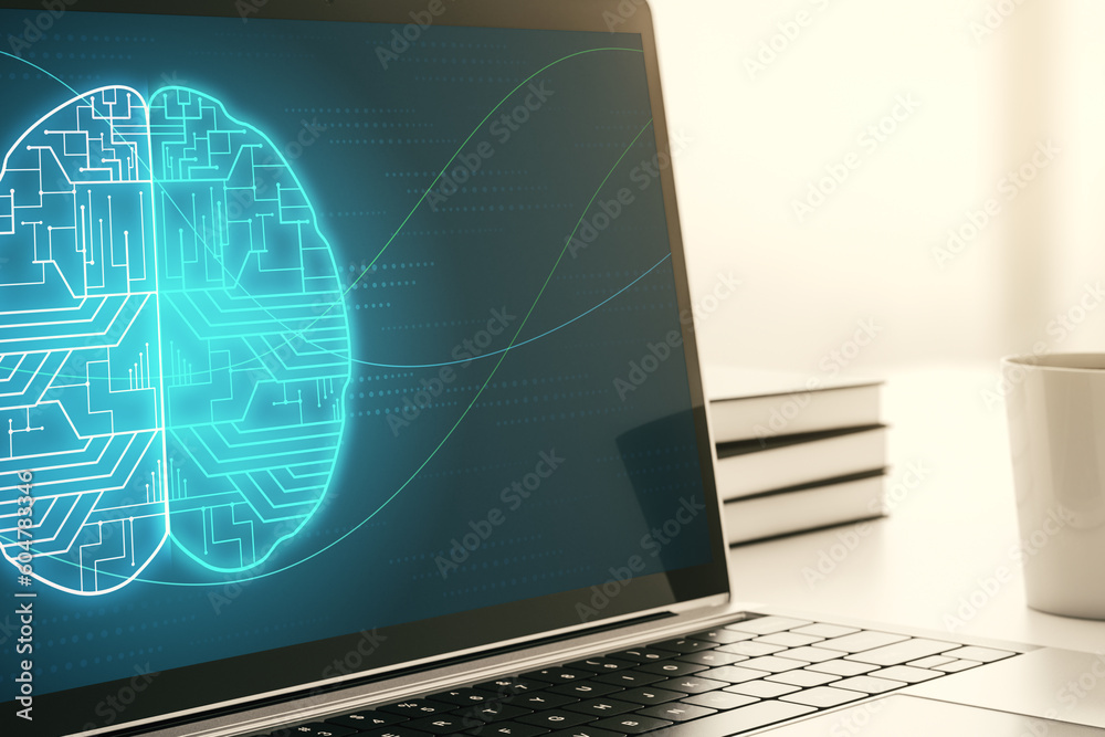 Aufkleber modern computer display with creative human brain microcircuit. future technology and ai concept. 3d