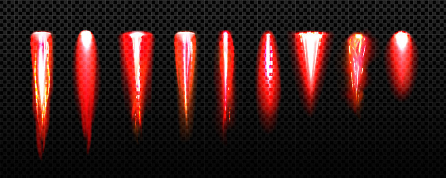 Realistic set of rocket fire trails isolated on transparent background. Vector illustration of red flame, smoke blast after jet aircraft takeoff, spaceship launch, shuttle contrail, high speed start