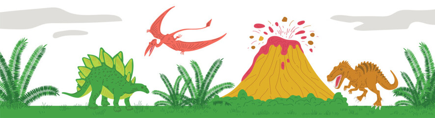 Various dinosaurs and volcanic eruption scene flat style © sabelskaya