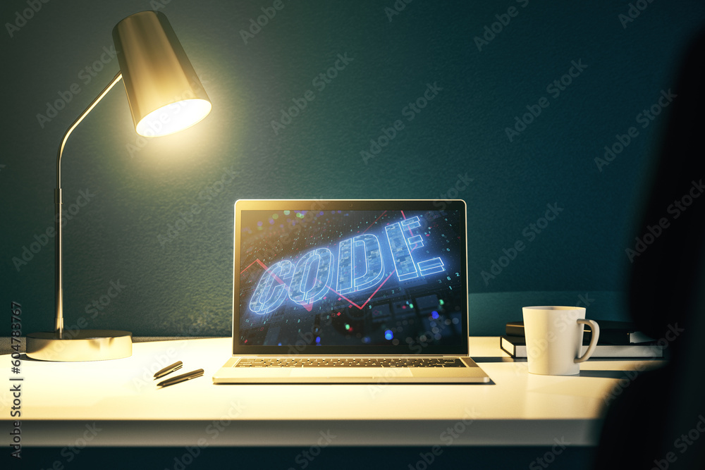 Poster creative code word hologram on modern computer monitor, artificial intelligence and neural networks 