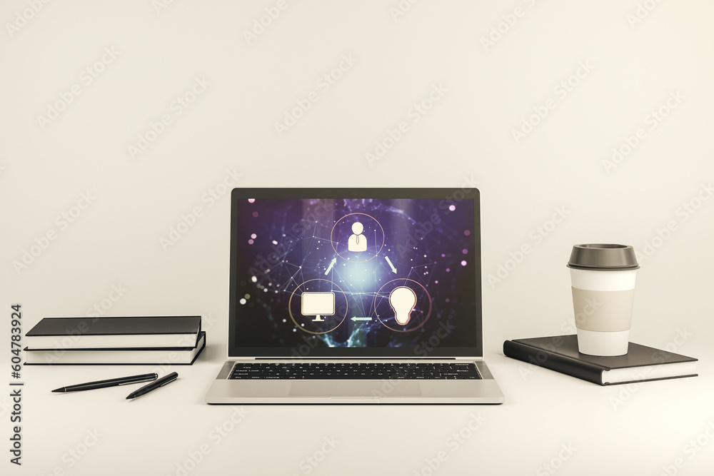 Poster social network concept on modern laptop screen. 3d rendering