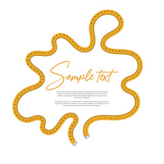 Abstract horizontal illustration of a wavy yellow measuring centimeter tape on a white background. There is a place for your text in the center. 