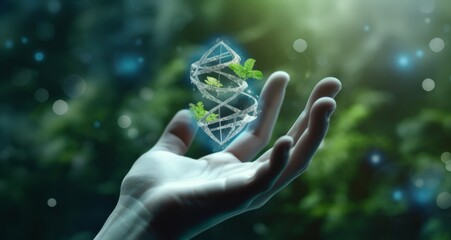 Photo of a person holding a small plant and a DNA Symbol in their hand created with Generative AI technology