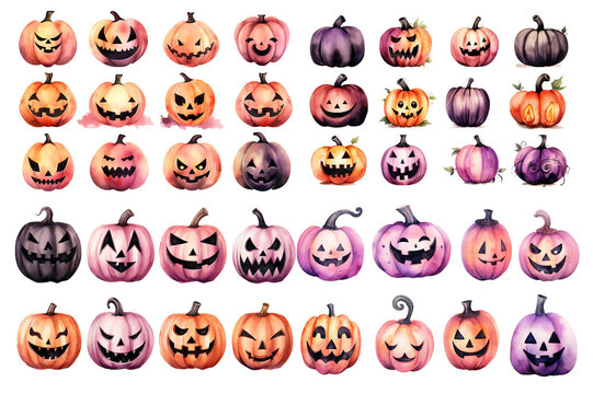 Watercolor pumpkins and Jack o lanterns created with Generative AI technology