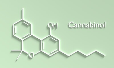 Cannabinol or CBN molecular structural chemical formula. Futuristic science backdrop. Pharmacology concept. 3D render