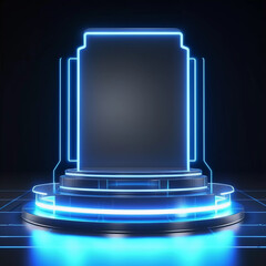 Beautiful futuristic technological light podium with light neon panels for product presentation. Generative AI.