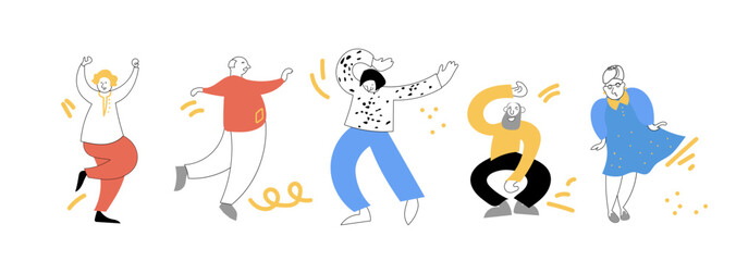 Seniors dance flat vector illustration. Elderly men and women actively spend time.
