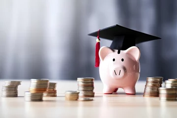 Fotobehang Piggy Bank with Black Graduation Hat with coins. Savings for investment in education and scholarship concept. Generative AI © Elena