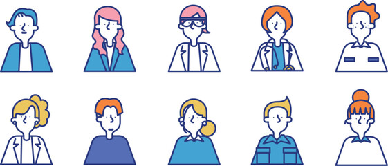 多種多様な職業の男性と女性のシンプルなアイコンセットB