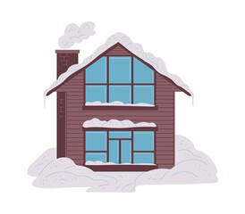 Cozy wooden house in snow, flat vector illustration isolated on white background.