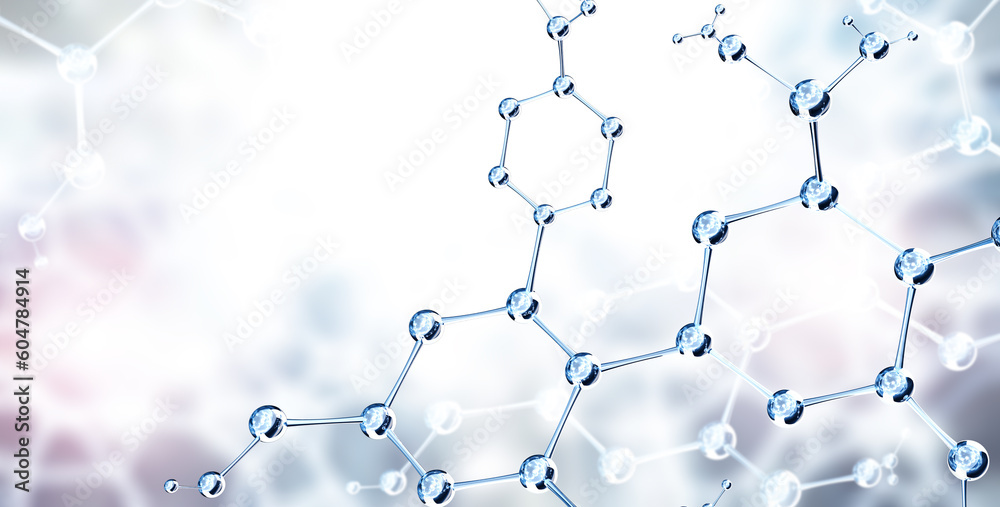 Wall mural horizontal banner with model of abstract molecular structure. background of blue color with glass at