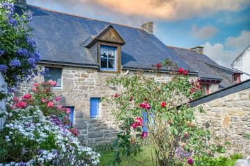 Brittany, Ile aux Moines island in the Morbihan gulf, typical house with a beautiful garden in...