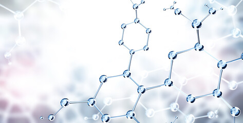 Horizontal banner with model of abstract molecular structure. Background of blue color with glass...