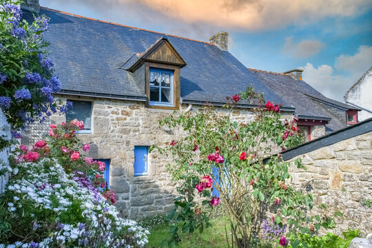 Brittany, Ile aux Moines island in the Morbihan gulf, typical house with a beautiful garden in spring
