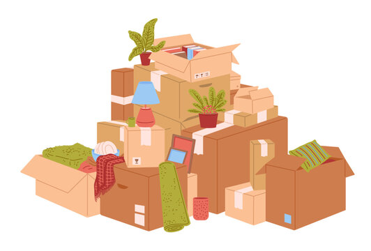 Big pile of cardboard boxes and household objects, flat vector illustration isolated on white background.