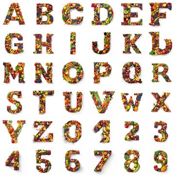 Generative AI - Edible Alphabet and Numbers - A Colorful Composition of Fruits, Vegetables