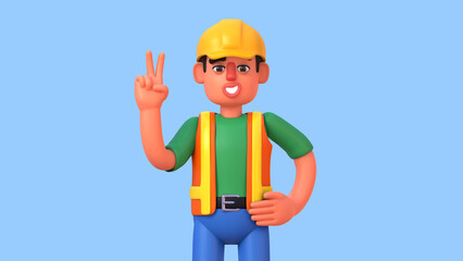 3d render of construction worker showing victory hand gesture
