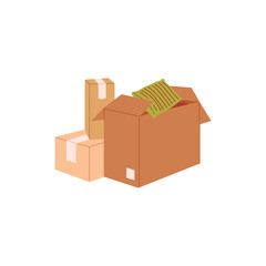 House or office moving with boxes packed with stuff, flat vector isolated.