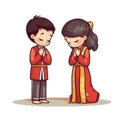 a couple of praying boy and girl with traditional chinese clothes style 5