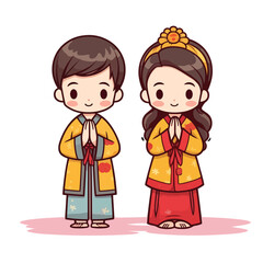 Obraz na płótnie Canvas a couple of praying boy and girl with traditional chinese clothes style 1