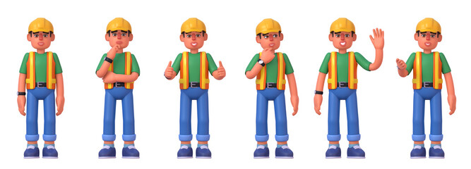 3d render of construction worker in various situations, showing different emotions