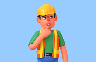 3d render of construction worker thinking, making decision, contemplating