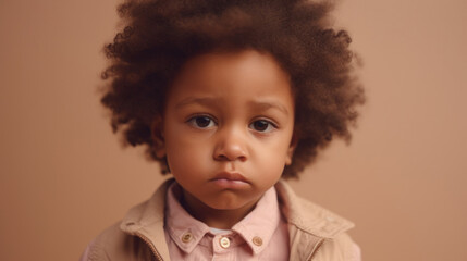 Naklejka premium A little afro boy appears unhappy in the studio picture. Generative AI